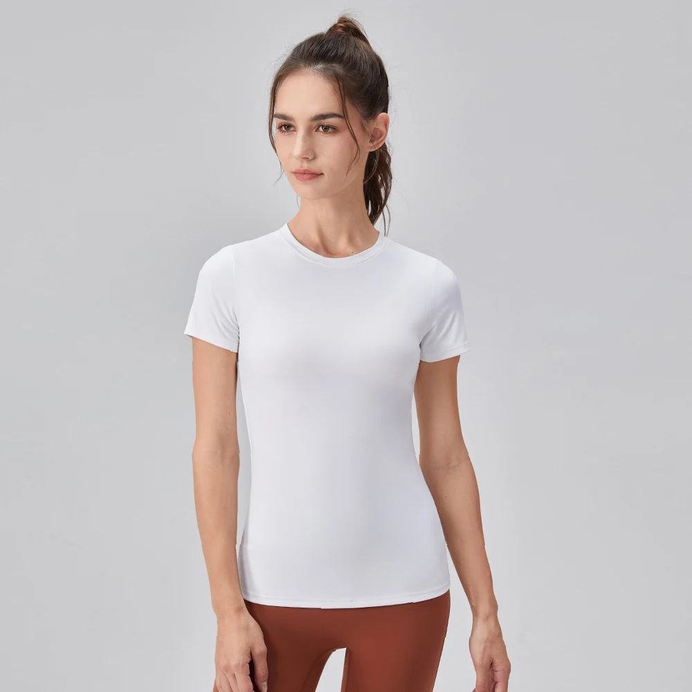 Solid Color Yoga Short Sleeve Round Neck Quick-drying Running Workout T-shirt Tight Exercise Yoga Clothes — photo 1