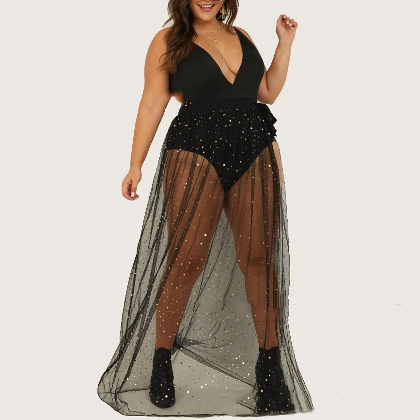 Saia plus size europeia e americana de malha com lantejoulas, fenda lateral e ajuste com cadarço. Elegância e estilo. — foto 1