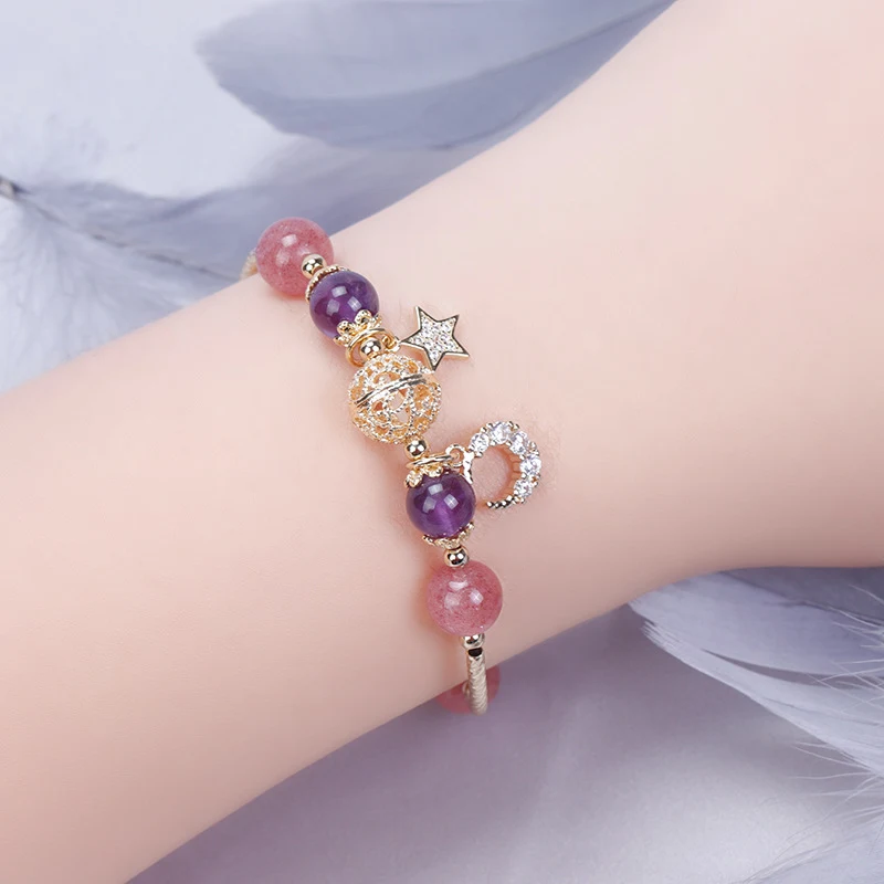 Pulseira Bardo de Cristal Quartzo Morango e Pedra da Lua Branca para tranquilidade e amor. Promove a cura emocional e o bem-estar. — foto 8