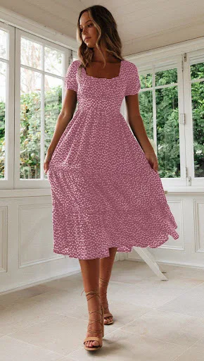 Title 7, Square Collar Short Sleeve Dress Summer Puff Fl...