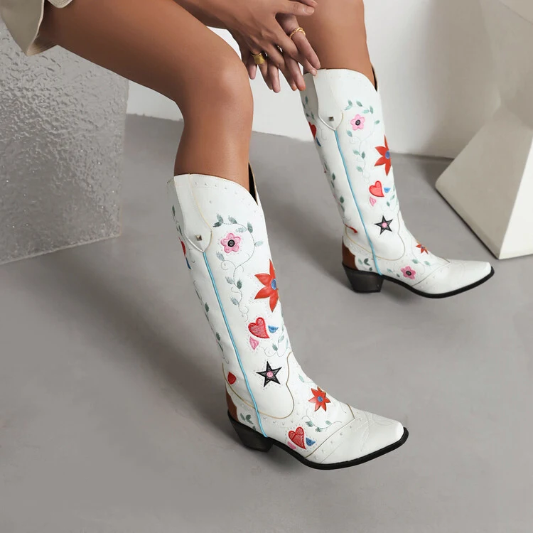 Title 2, Denim Pointed Toe Chunky Heel Embroidered Rivet...