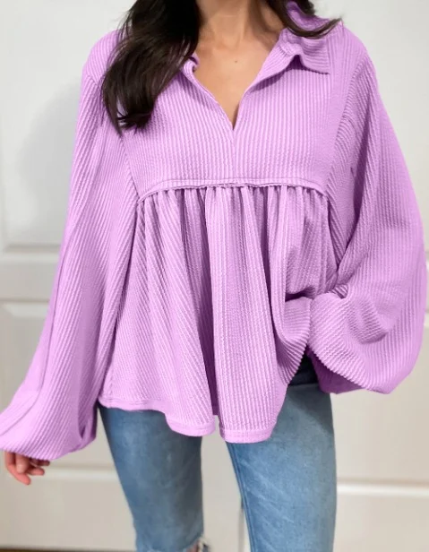 Title 3, Top de camisa solta plissada feminina