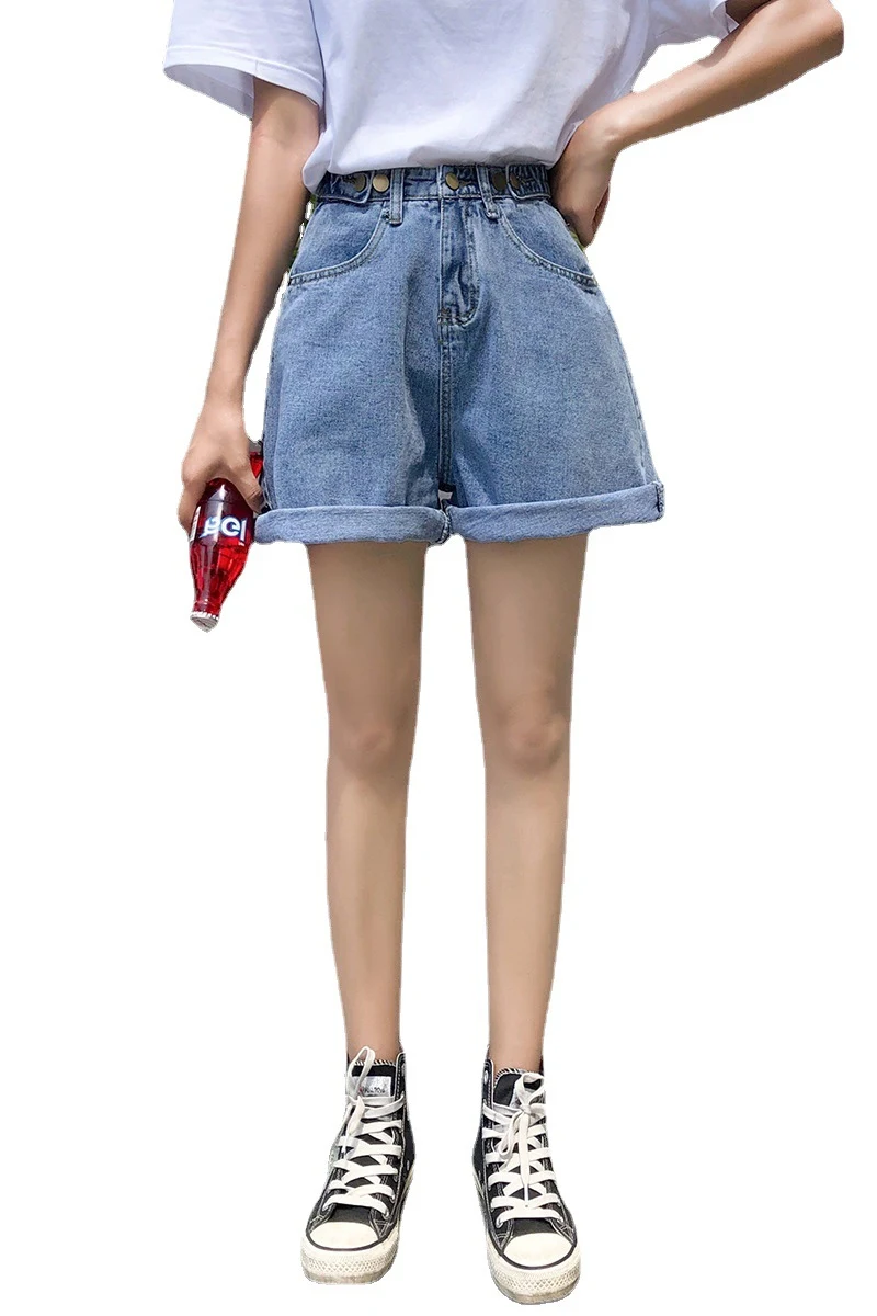 Title 4, Denim shorts met hoge taille, wijde pijpen en o...
