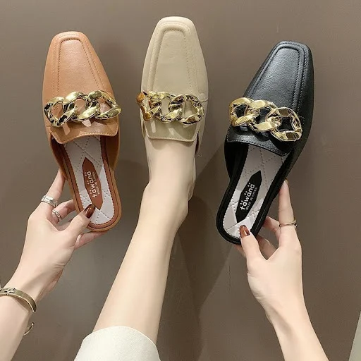 Title 5, Metal Buckle Square Toe Half Slippers without h...