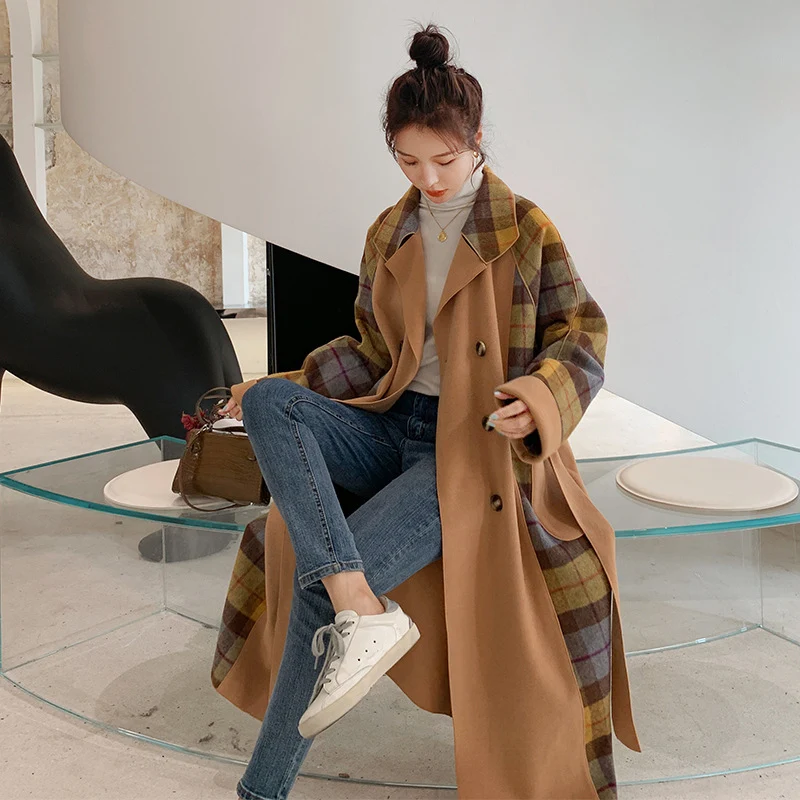 Women's Color Matching Plaid Suit Collar Waist Double-sided Woolen Coat, offering warmth and style for cold weather wear — photo 2