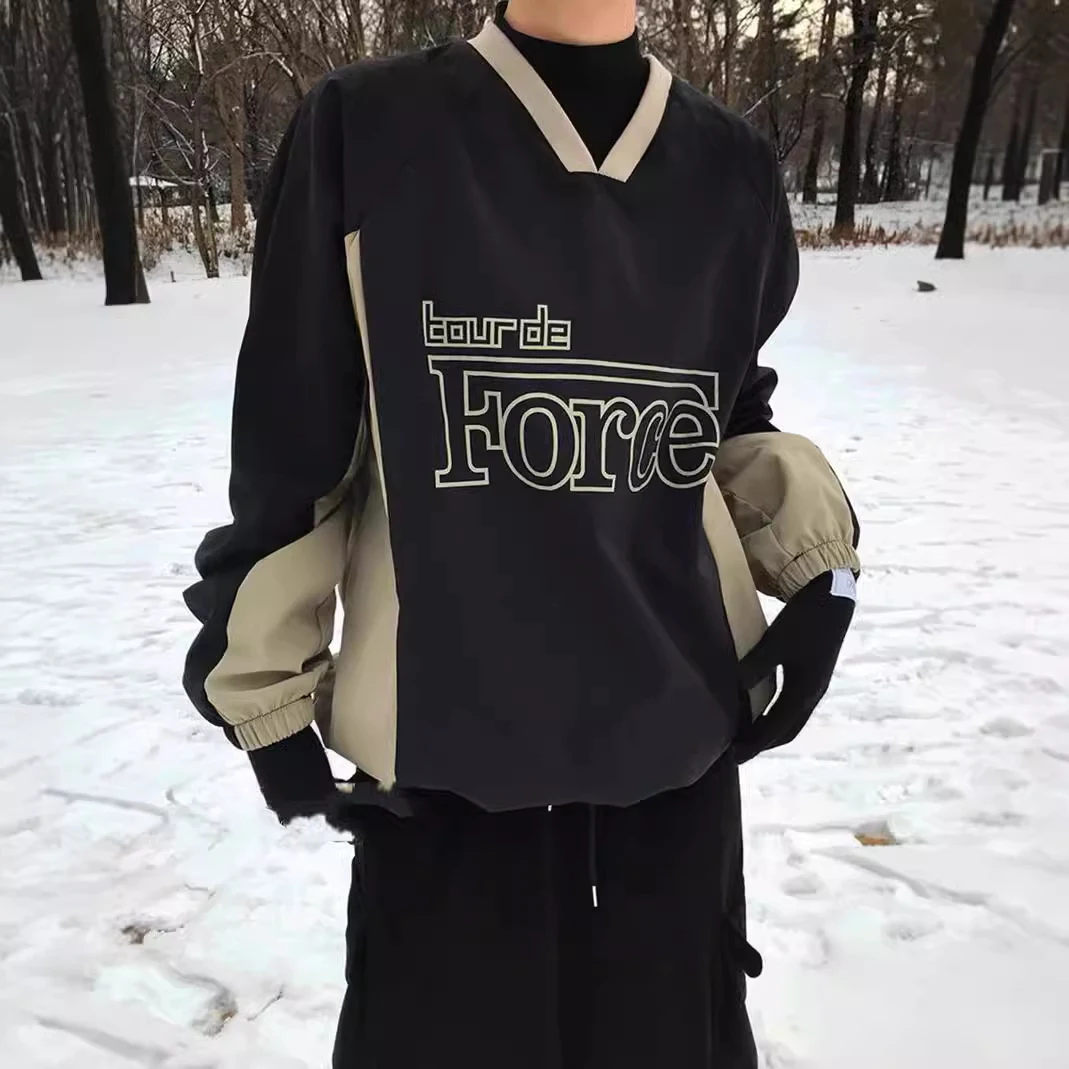 Contraste Cor Retro Nylon Com Decote Em V Estilo Coreano Manga Longa — foto 3
