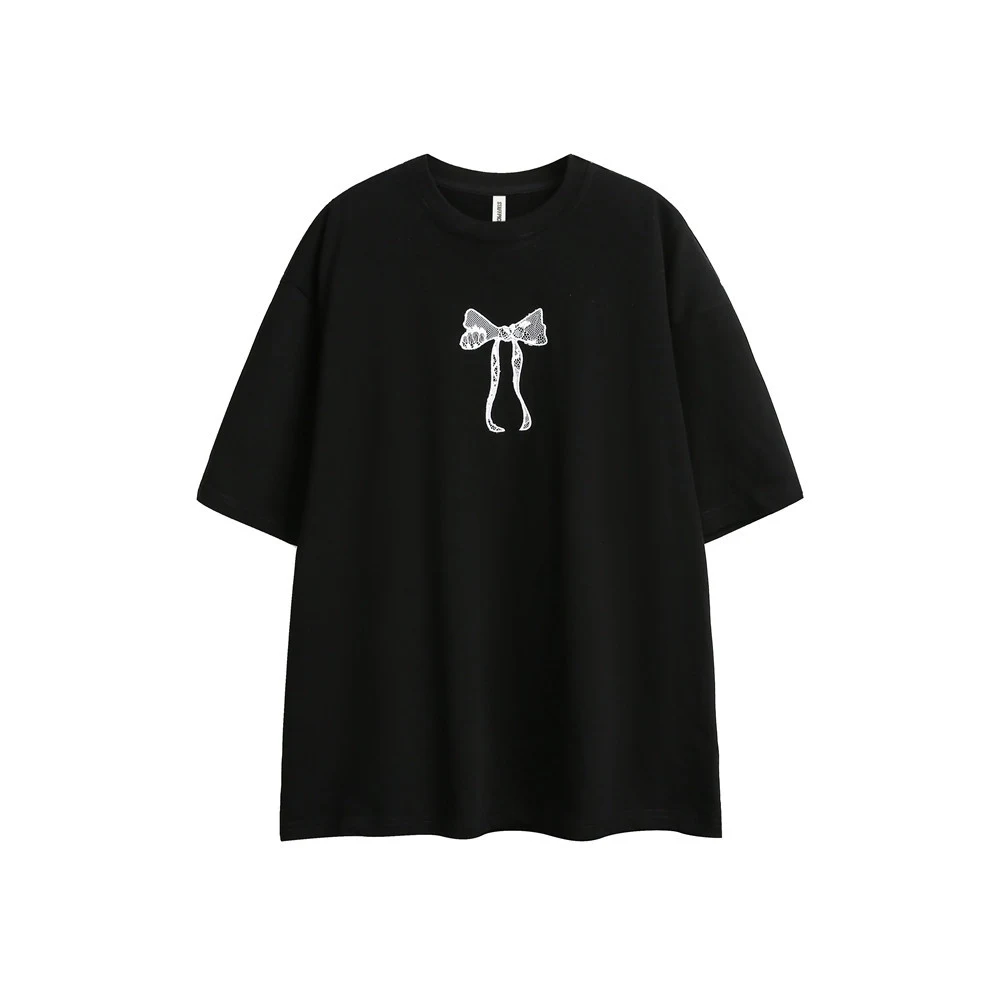 Camiseta feminina de manga curta bordada com laço — foto 1
