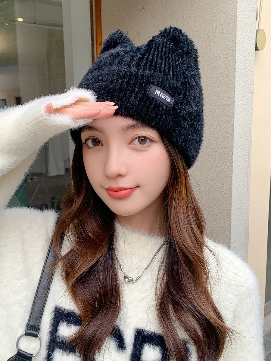 Winter Mink Cat Ears Plush Girl's Cap Warm Ear Protection Knitted Hat — photo 18