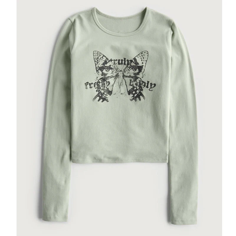 Vintage Erbsengrün Langarm-T-Shirt für Damen mit Druck am Saum. Bequeme & stilvolle Alltagskleidung. Perfekt für Freizeit und Layering. — foto 3