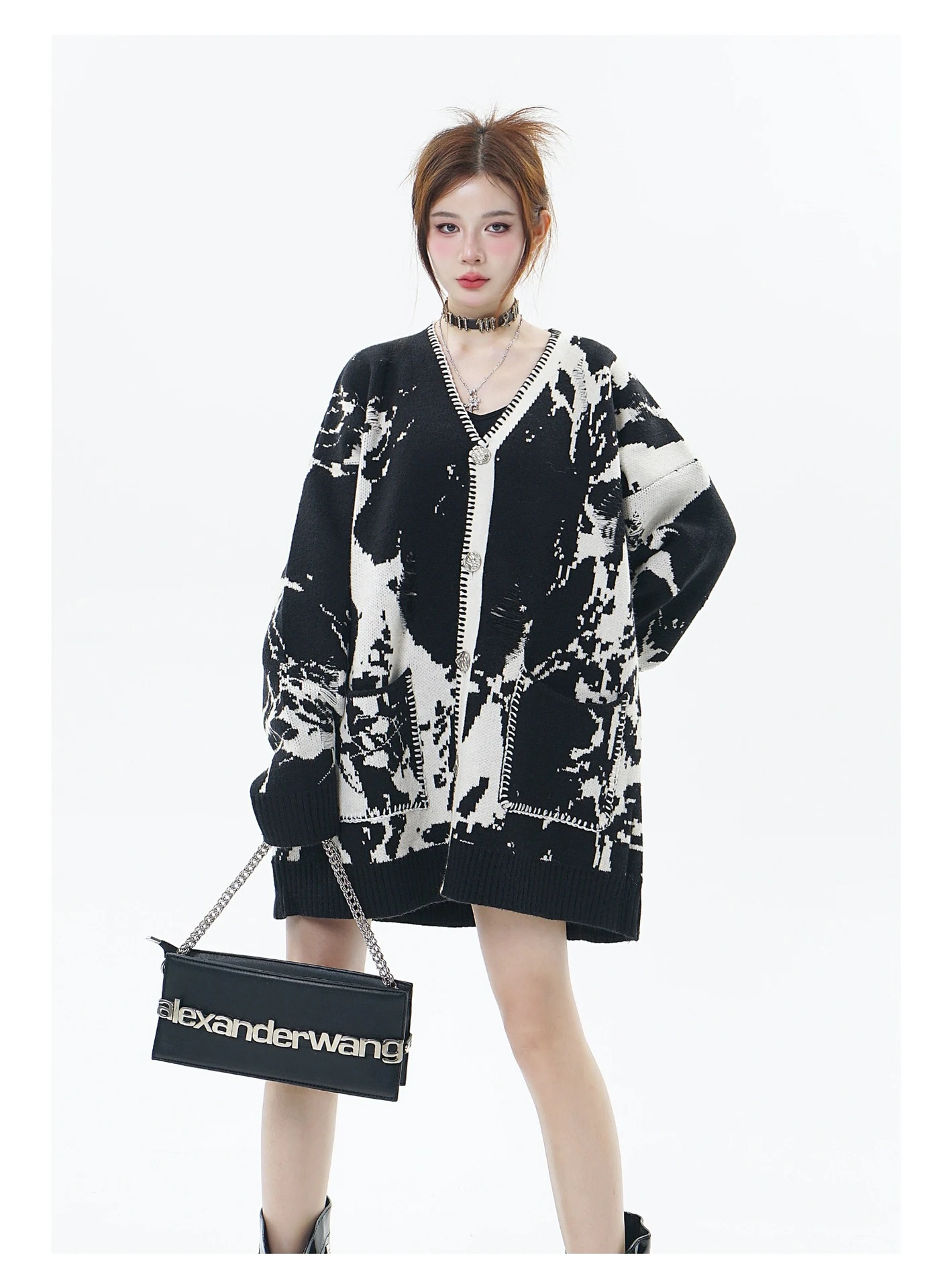 Title 7, Snowflake Ripped Niche V-neck Knitted Cardigan,...