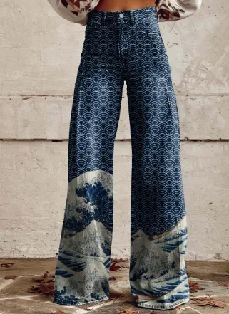 Pantalones anchos de mezclilla imitación, cintura alta y sueltos para mujer. Delgados y estampados, perfectos para un look casual y cómodo. — foto 14
