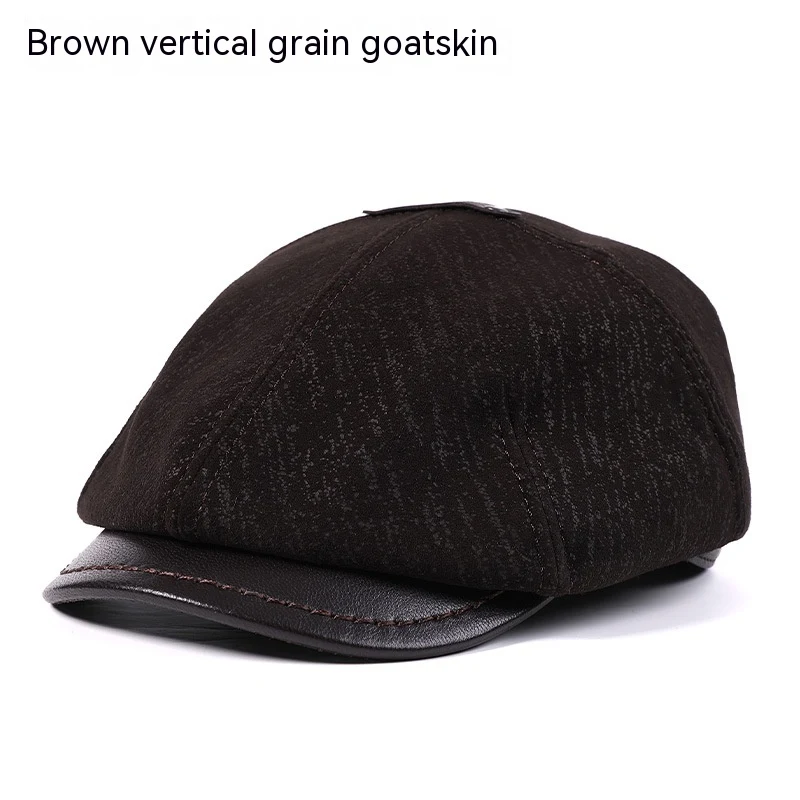 Men's Sheepskin Peaked Cap Beret Vintage Newsboy Painter Octagonal Leather Hat British Style, Warm and Stylish Headwear — photo 8