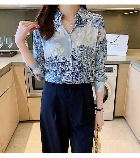 Title 3, Printed Lapel Shirt Long-sleeved Loose Chiffon Top