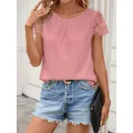 Zomerse dames top met kant, ronde hals, korte mouwen, casual en comfortabel voor lente en zomer. Een stijlvolle keuze. — foto 10