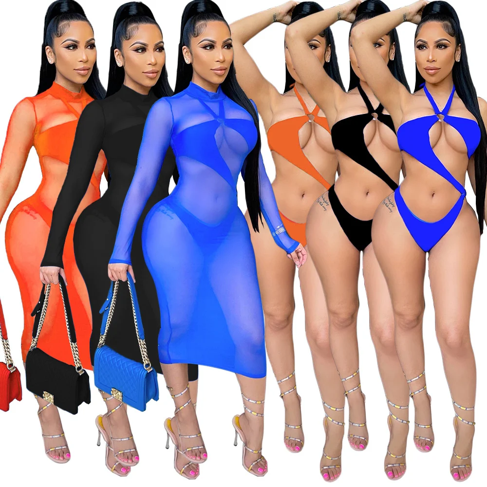 Title 6, Sexy Solid Color Net Yarn Two-piece Swimsuit fo...