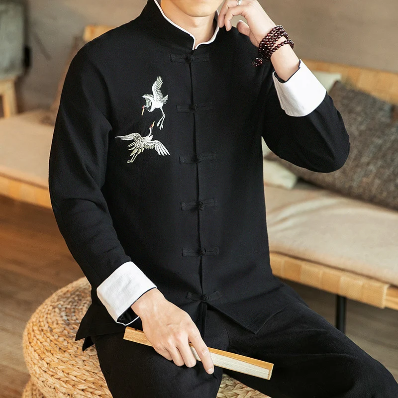 Camicia casual da uomo in stile cinese, ricamata, in cotone e lino, a maniche lunghe, perfetta per un look rilassato ed elegante con il massimo comfort. — foto 5