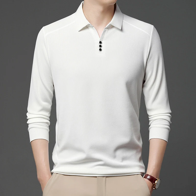 Camisa polo de negócios de cor sólida para meia-idade com gola, ideal para elegância e conforto no ambiente profissional. — foto 6