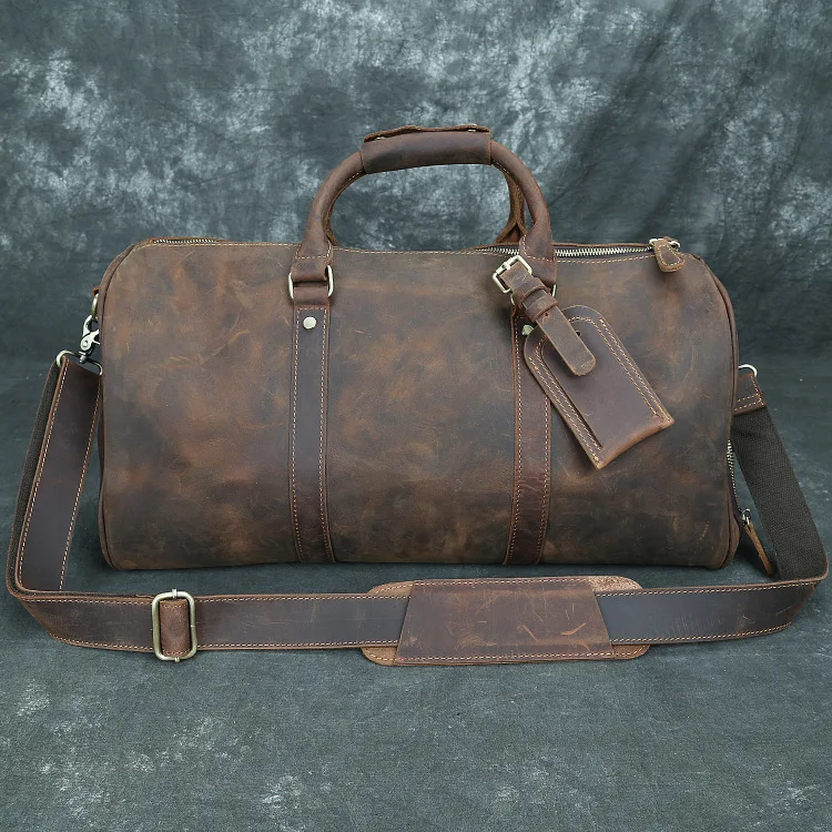 Bolsa de viagem masculina vintage de couro Crazy Horse, grande capacidade. Ideal para viagens longas e aventuras. Elegante e resistente. — foto 5