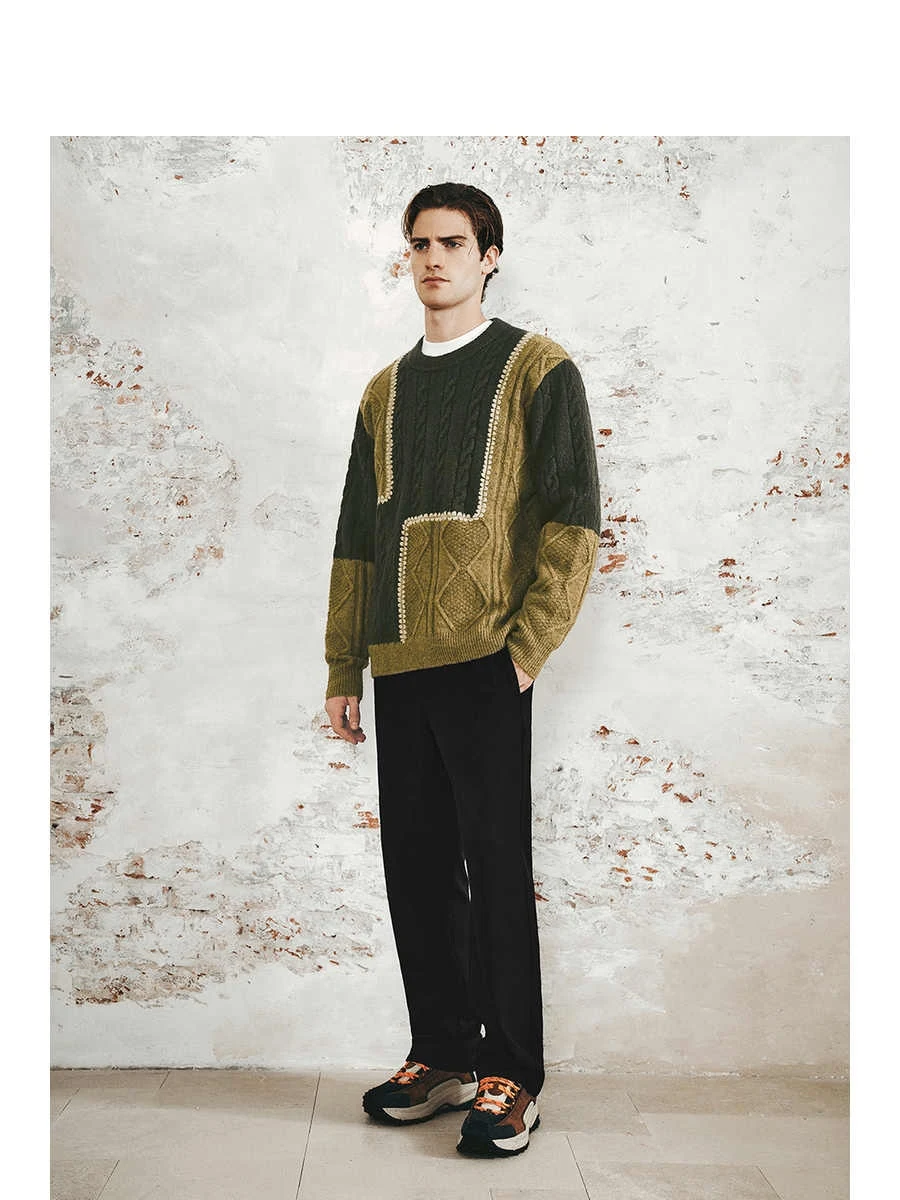 Men's Retro Casual Contrast Color Patchwork Round Neck Knitwear, a comfortable and stylish choice for everyday wear, add — photo 2