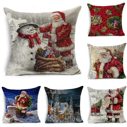 Title 5, Fronha de linho estampada com Papai Noel, decor...