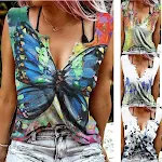 Zomerse slim-fit mouwloze t-shirt top met korte print, V-hals, perfect voor stijlvol woon-werkverkeer. — foto 6