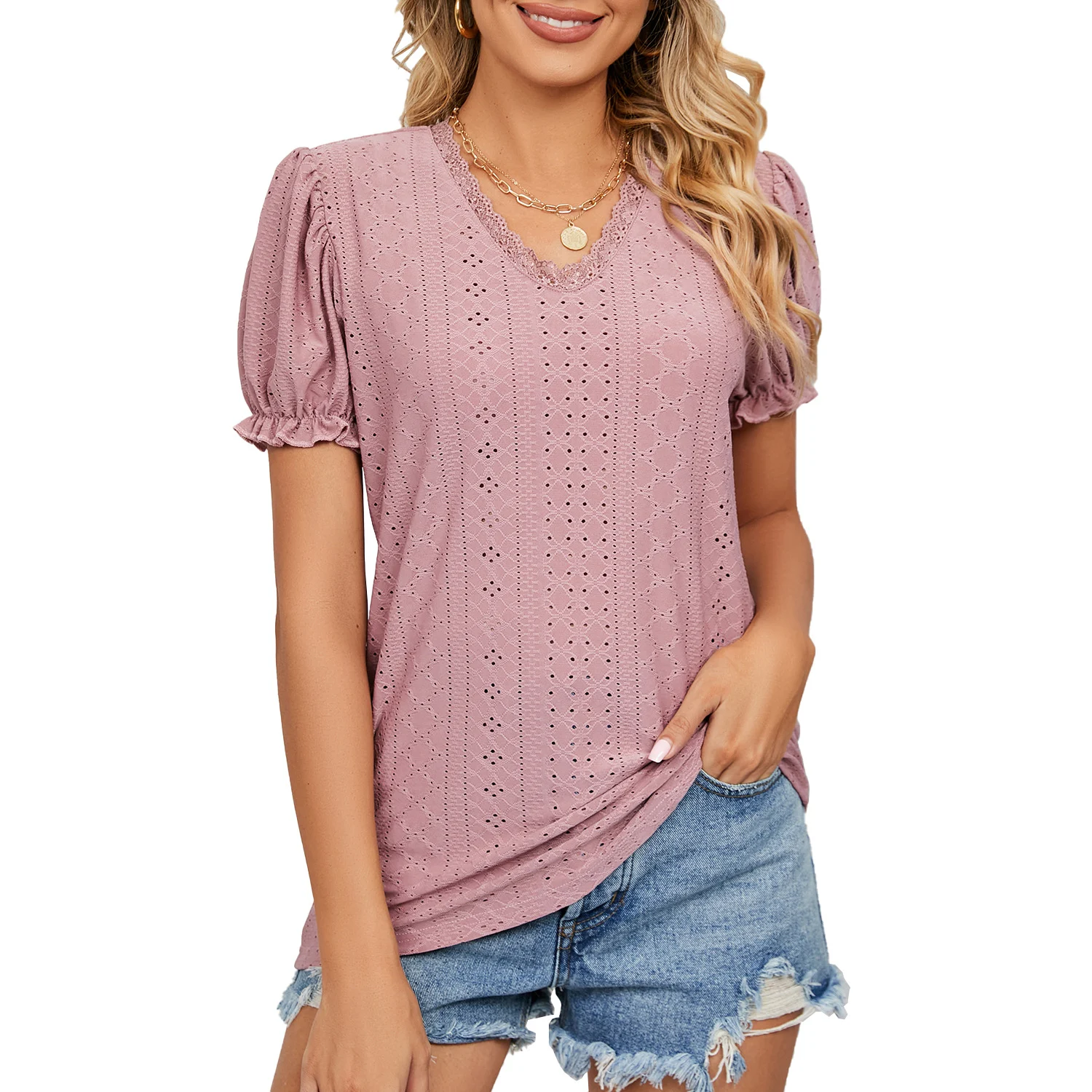 Title 6, Solid Color Lace Patchwork Princess Sleeve Holl...