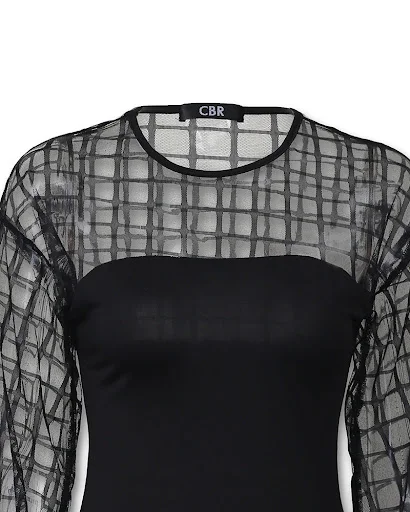 Title 5, Top casual de malha preta com costura em mesh, ...