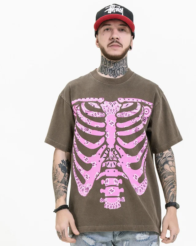 Men's Skeleton Cashew Flower Loose Short Sleeve T-Shirt, comfortable, breathable, and stylish. Perfect for casual wear a — photo 1