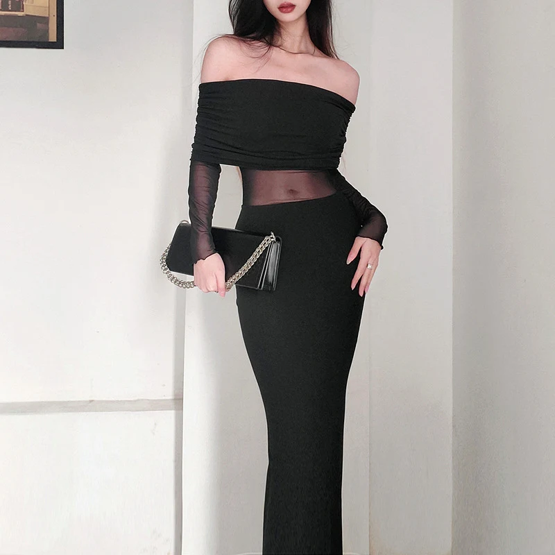 Vestido feminino de inverno sexy com ombro de fora, plissado, manga longa em poliéster, ideal para festas e eventos noturnos. — foto 11