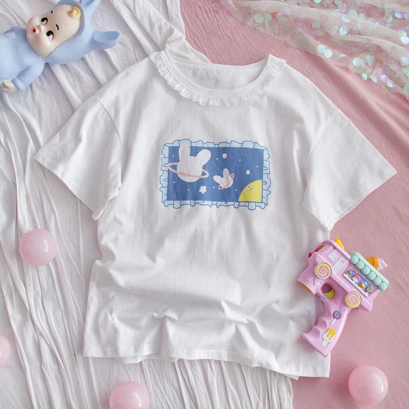 Starry Rabbit Print Short Sleeve T-shirt for casual wear, comfortable and breathable, perfect for summer, a stylish and — photo 3