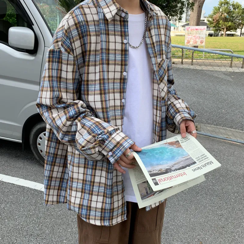 Frisse casual heren lange mouwen shirt met trendy roosterpatroon, perfect voor koppels, comfortabel en modieus voor elke dag. — foto 4