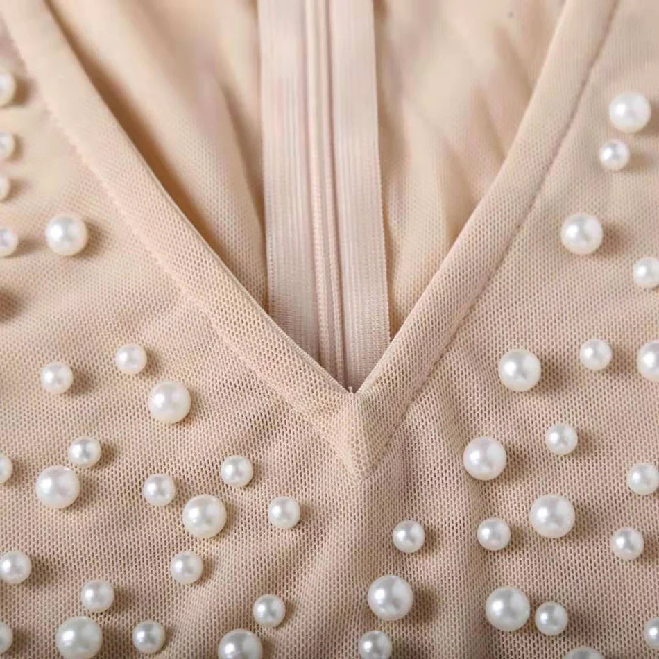 Title 13, V-Neck Mesh Beaded Pearl Jumpsuit Womens Bodysuit