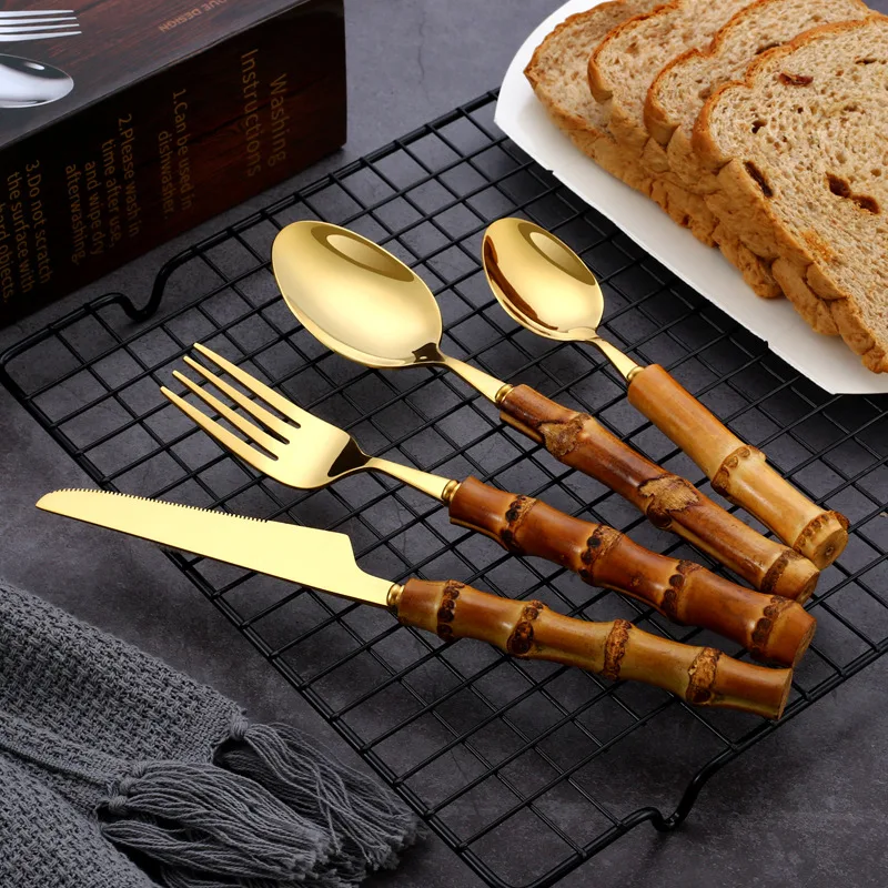 Title 2, Stainless Steel Real Bamboo Handle Knife Fork a...