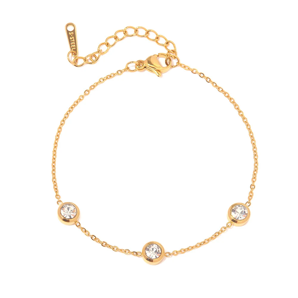 Pulseira de aço inoxidável com zircônia redonda banhada a ouro 18K. Elegância e durabilidade para mulheres, perfeita para uso diário — foto 1