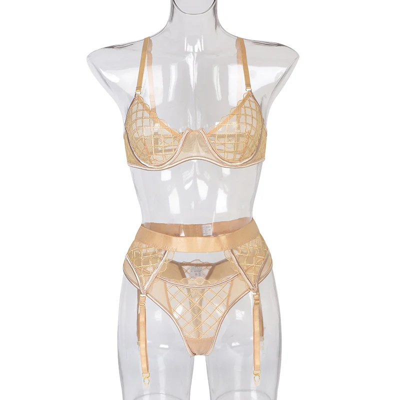 Women's three-piece lingerie set featuring a lace V-neck bra, fishnet garter, and underwear. Sensual and elegant design. — photo 2
