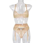 Women's three-piece lingerie set featuring a lace V-neck bra, fishnet garter, and underwear. Sensual and elegant design. — photo 2