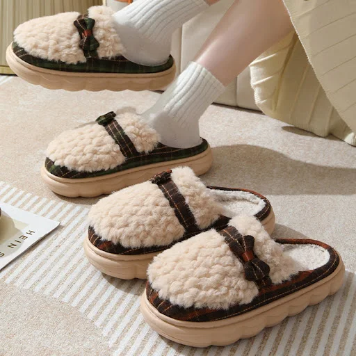Title 8, Winter Plush Slippers With Bow Button Design, I...