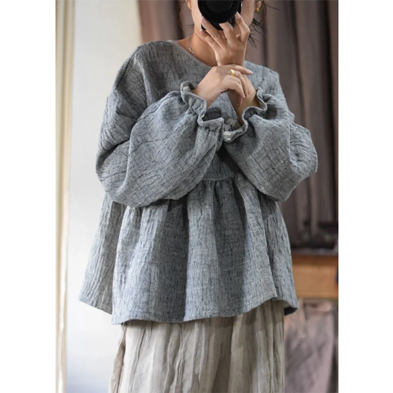 Double-layer linen round neck cute anti-aging French retro blouse. A stylish and comfortable choice for a timeless elega — photo 8