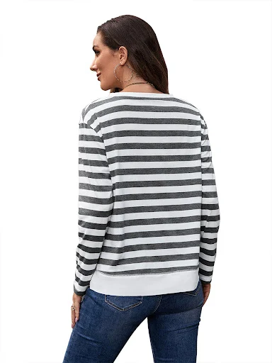 Title 19, Striped Print T-shirt Round Neck Pullover Color...