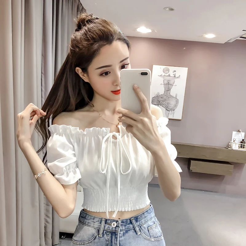 Title 14, Womens High Waist Short Top with One-line Neck...