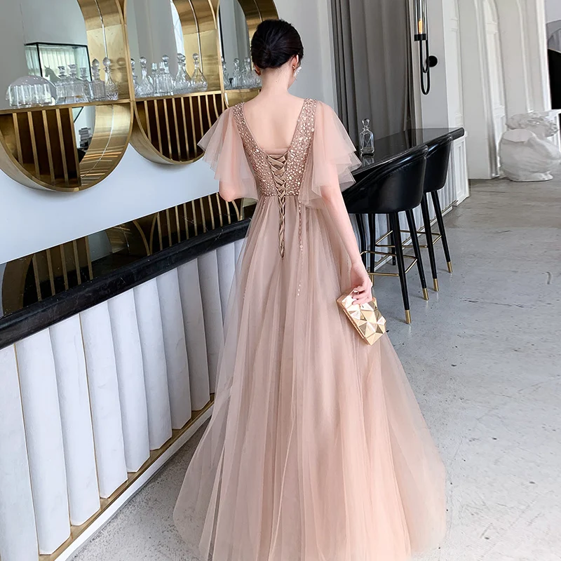Champagne V-neck Banquet Evening Dress For Host Choral Performance — photo 2