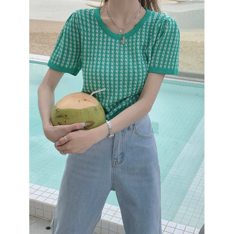 Gebreide top dames retro houndstooth T-shirt met korte mouwen nieuwe zomer hoge taille navel korte halve mouwen ins tij — foto 2