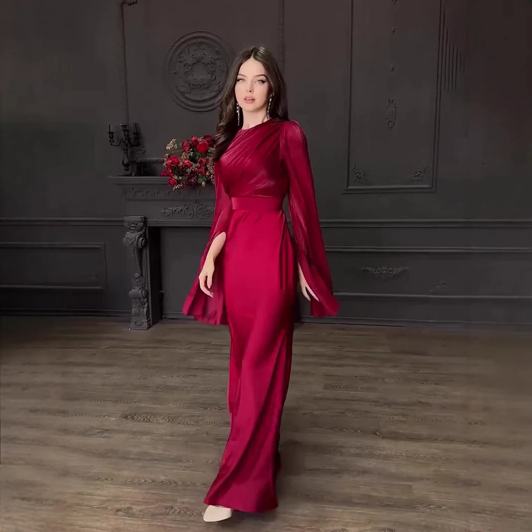 Stitching Glass Yarn Large Swing Sleeve Length Satin Slim Fit Dress — photo 3