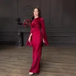 Stitching Glass Yarn Large Swing Sleeve Length Satin Slim Fit Dress — photo 3
