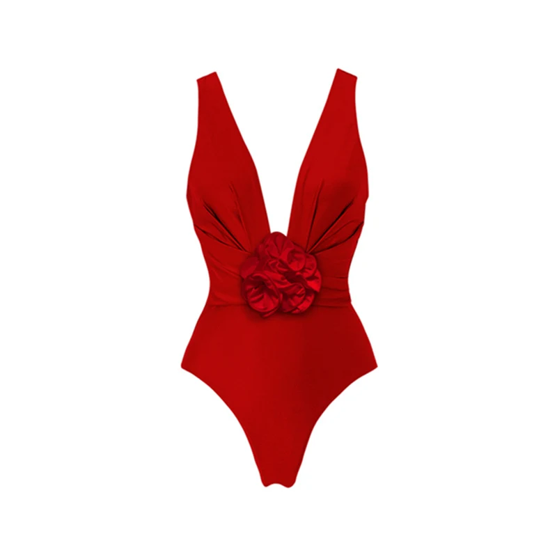 Red V-neck Flower Detachable One-piece Swimsuit for Women, perfect swimwear with skirt, stylish, comfortable, and ideal — photo 1