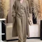 Cardigan de malha de manga comprida colete calças de cintura alta terno de três peças — foto 14