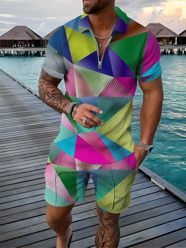 Conjunto de camisa y pantalón corto para hombre con estampado geométrico 3D, cremallera y solapa, ideal para el verano. — foto 4