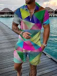 Conjunto de camisa y pantalón corto para hombre con estampado geométrico 3D, cremallera y solapa, ideal para el verano. — foto 4