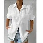 Women's Pure Color Comfort Casual Polo Collar Pocket Short Sleeve Shirt — photo 10