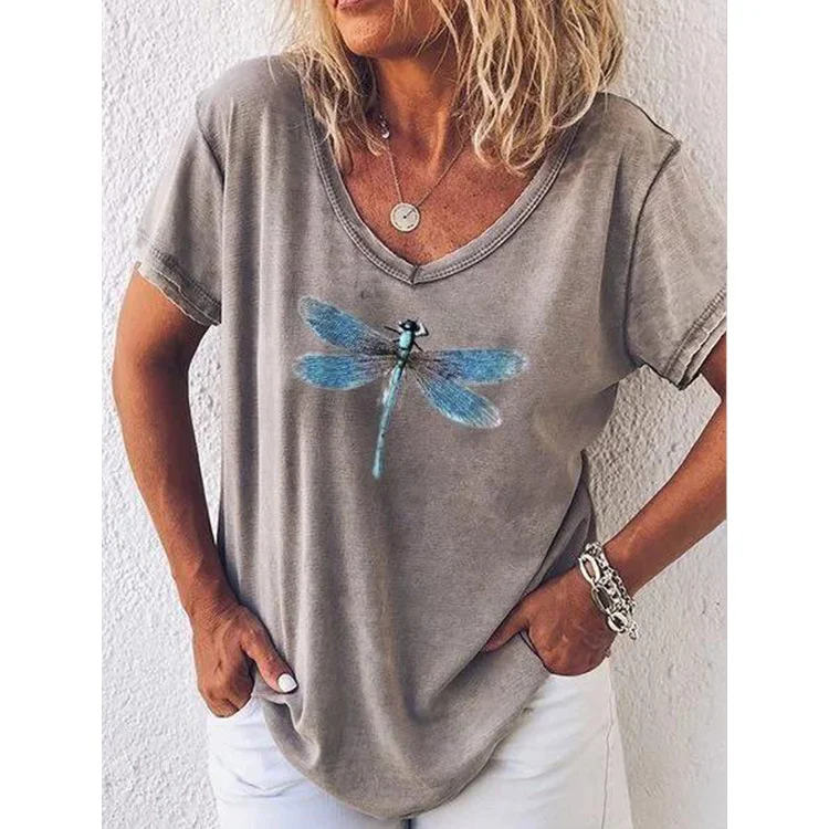 Women's Dragonfly Printed V-neck Short Sleeve T-shirt, a comfortable and stylish summer top, perfect for casual everyday — photo 5